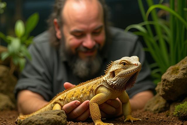 Gründer von Echsen Flux mit einer Bartagame im Terrarium